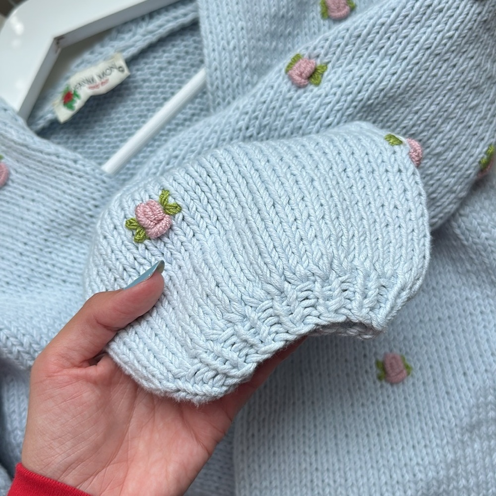Fanm Mon Hand Knit Blue Embroidered Rosette Cardigan Sweater - Picture 3 of 12